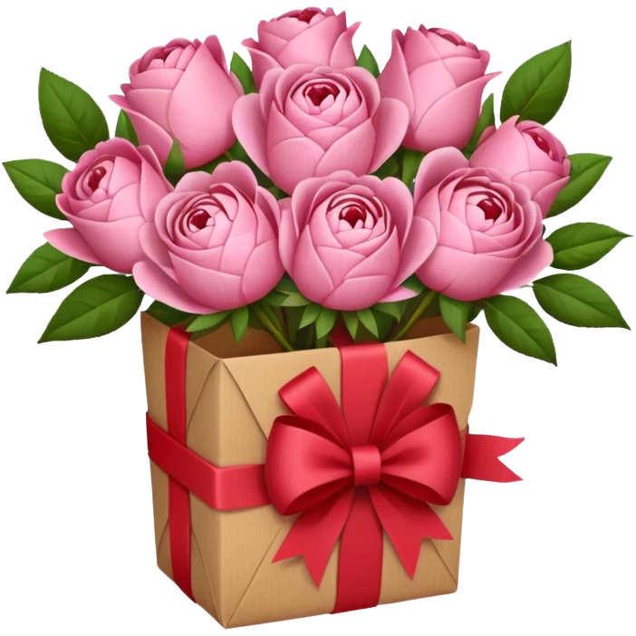 Bouquet of pink flower like rose and peony wrapped in kraft paper with red bow emoji
