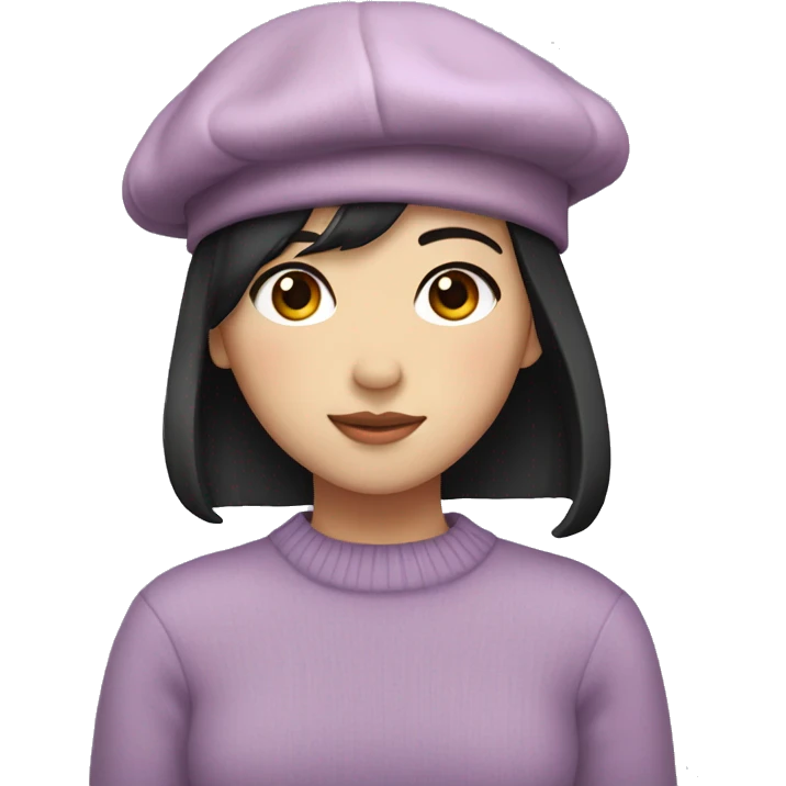 korean girl short black hair sharp jawline, attractive wearing a lilac sweater and beret emoji