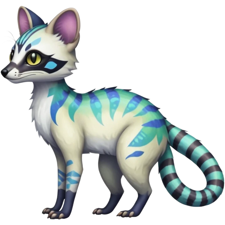 Rare iridescent white exotic epic aesthetic colorful Trico-Genet-species-Fakemon-hybrid-creature, with intricate tattoo markings, full body emoji