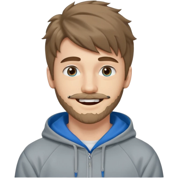20 year old man, short scruffy beard and thin moustache, brown puffy mullet, blue eyes, big smile, white teeth, big lips, pronounced jaw, hair longer in back, sticking up on top, thin face, grey hooded sweatshirt, pale skin, big smile, blue eyes, puffy hair that is long in back emoji