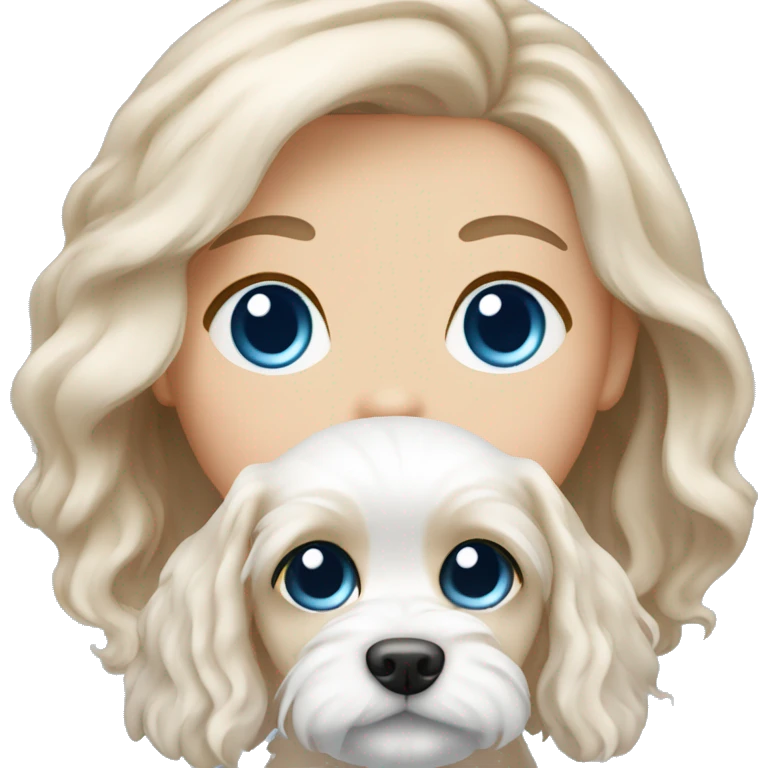 Maltese puppy with light skin  girl owner long wavy hair an blue eyes  emoji
