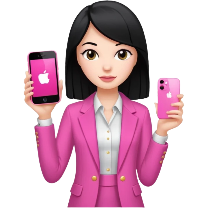 chica blanca con pelo negro liso sosteniendo con una sola mano un celula iphone 13 rosa, con vestimenta d salir de fiesta emoji