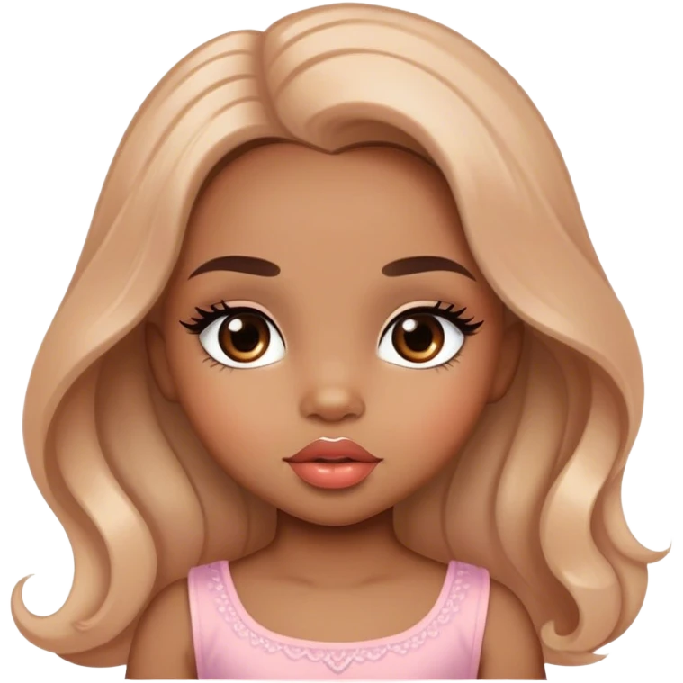 Glamourous, light brown skin tone, very beautiful toddler, with big plump peach-beige lips, long long lashes, black wavy smooth long hair, straight parting hair, brown eyes emoji