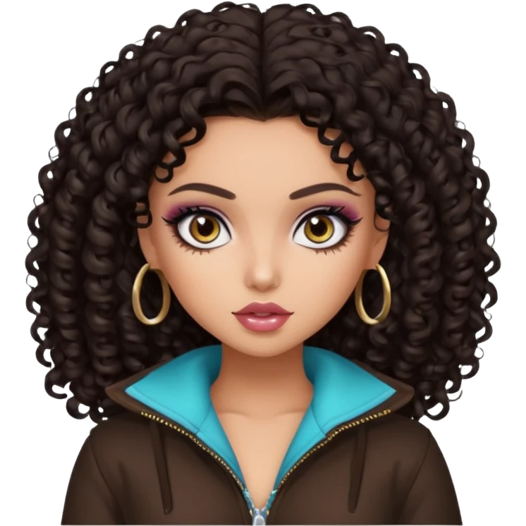 dark curly hair, pretty eyes, pretty makeup, pretty bratz baddie emoji