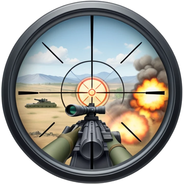 An icon symbolizing first-person shooter games. The design features a circular sniper scope view with crosshairs aimed at a distant target. The background shows a battlefield with soldiers and explosions, capturing the action-packed intensity of FPS games. Transparent background. emoji