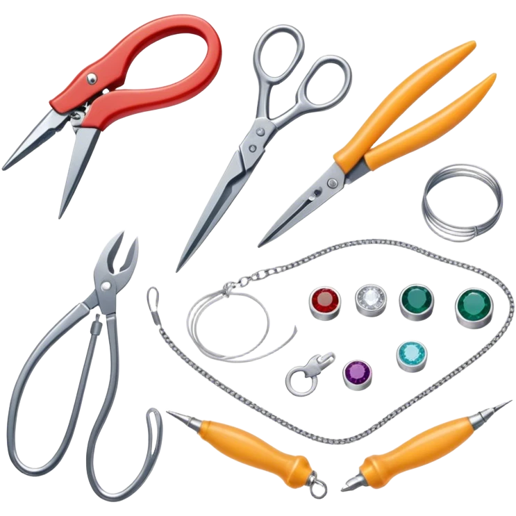 Jewelry art icon, various jewelry pieces like rings, necklaces, and bracelets in progress, visible tools such as pliers, gemstone, wire, and soldering equipment, minimalistic style, clean lines, transparent background. emoji