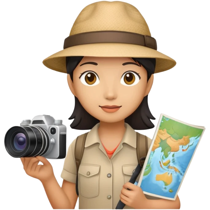Asian tourist with camera and map, wearing hat emoji