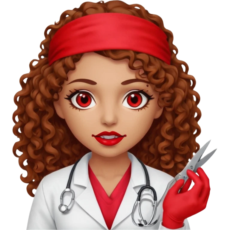 Lilith scalpel in hand, evil surgeon sexy surgeon clothes.  She has red eyes.Her  brown long curly hair. Wears sexy doctor outfit with red gloves. Hides mouth necknose with red bandana to hide her identity. Hair is long and brown emoji