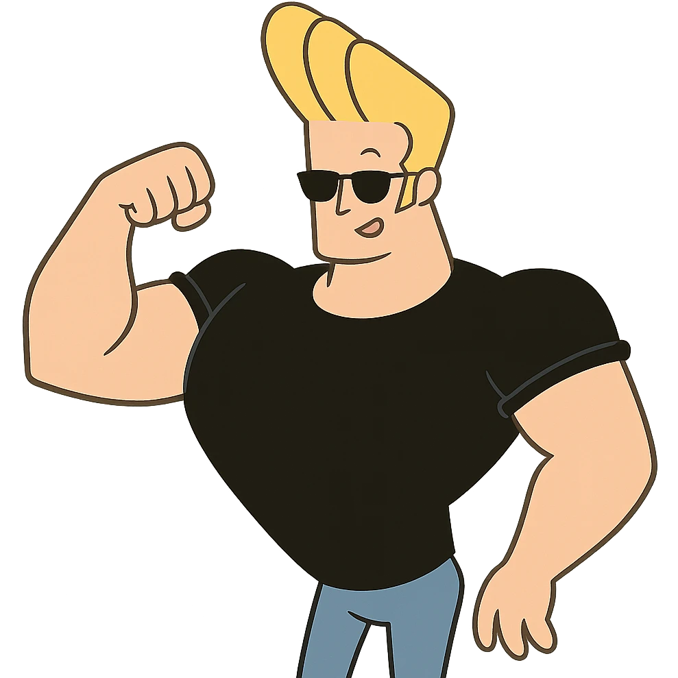 Johnny Bravo character, muscular man with blonde hair, sunglasses, black shirt, cartoon style emoji