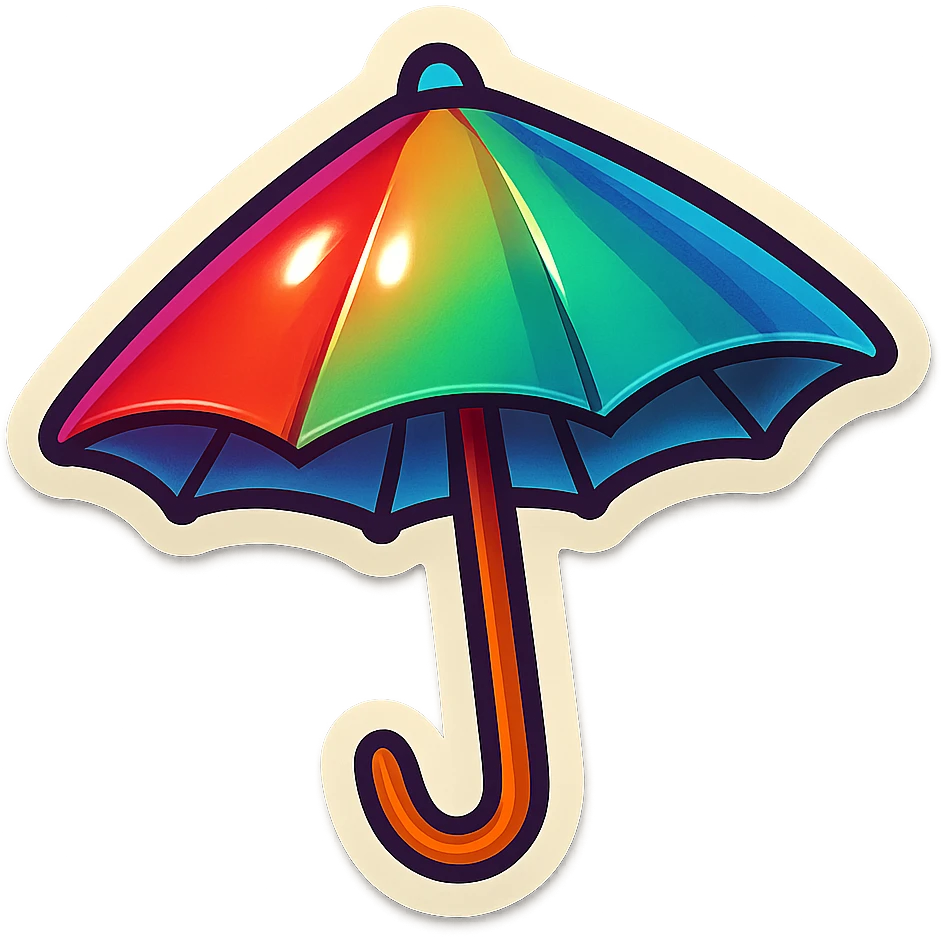 A cocktail umbrella in retro stickers style, with bright colors and a playful design emoji