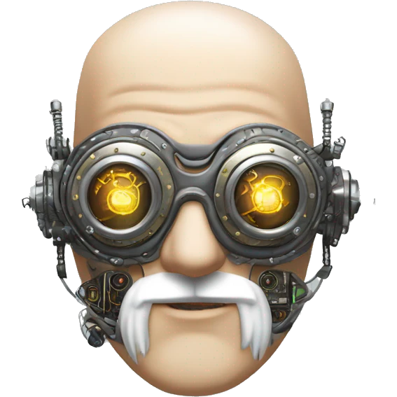 Bald cyborg head with silver steampunk goggles, white beard and circuits emoji