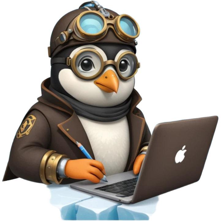 an steampunk engineer penguin writing code on a laptop, on an iceberg emoji