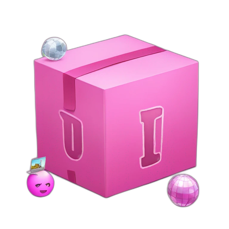 Inside a pink box, the letter "u" is in the middle, and disco ball, laptop, pencil and paint emojis peeking out from around the box. emoji