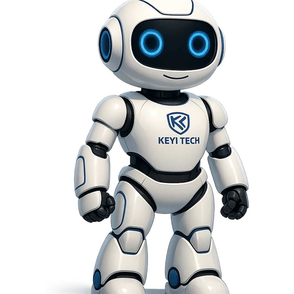 Lonna, the intelligent robot of Keyi Tech, standing confidently, shiny white shell, blue highlights, visible Keyi Tech emblem emoji