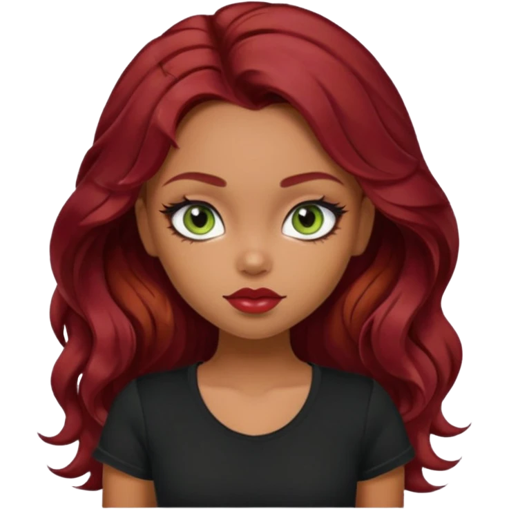 a pretty fair bratz girl with wavy dark red hair, wearing a black tee. eyeliner on, olive green eyes. Till Waist \ emoji