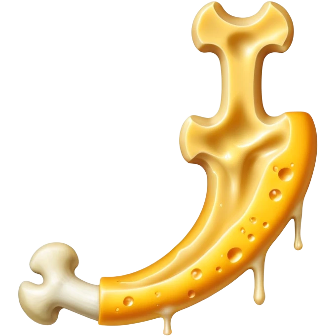 Shredded cheese emitting ethereal golden glow toward a femur bone that shows a healing process with bright golden spots. A luminous K2 vitamin symbol floats nearby, directing the healing energy from the cheese to the specific healing points on the bone. emoji