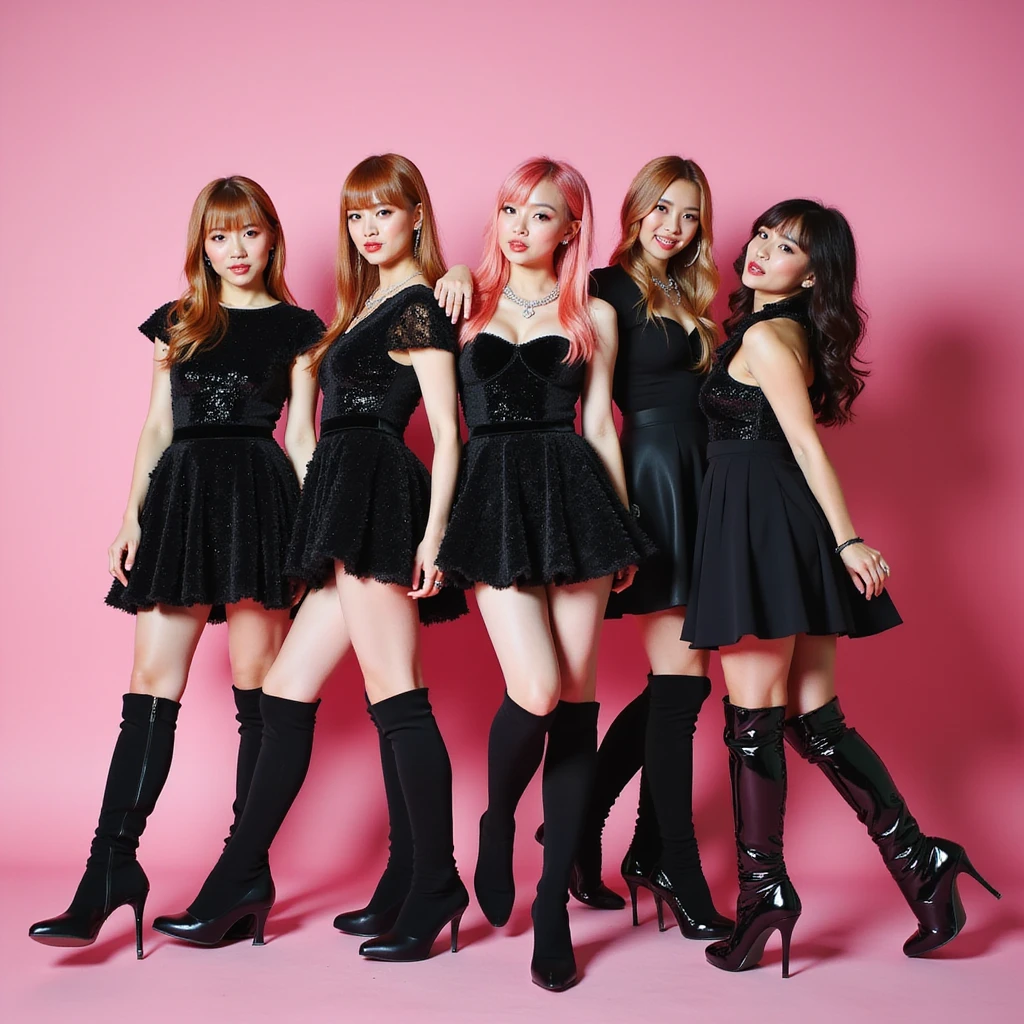 photorealistic Blackpink album cover, K-pop group, pink and black, bold and glamorous emoji