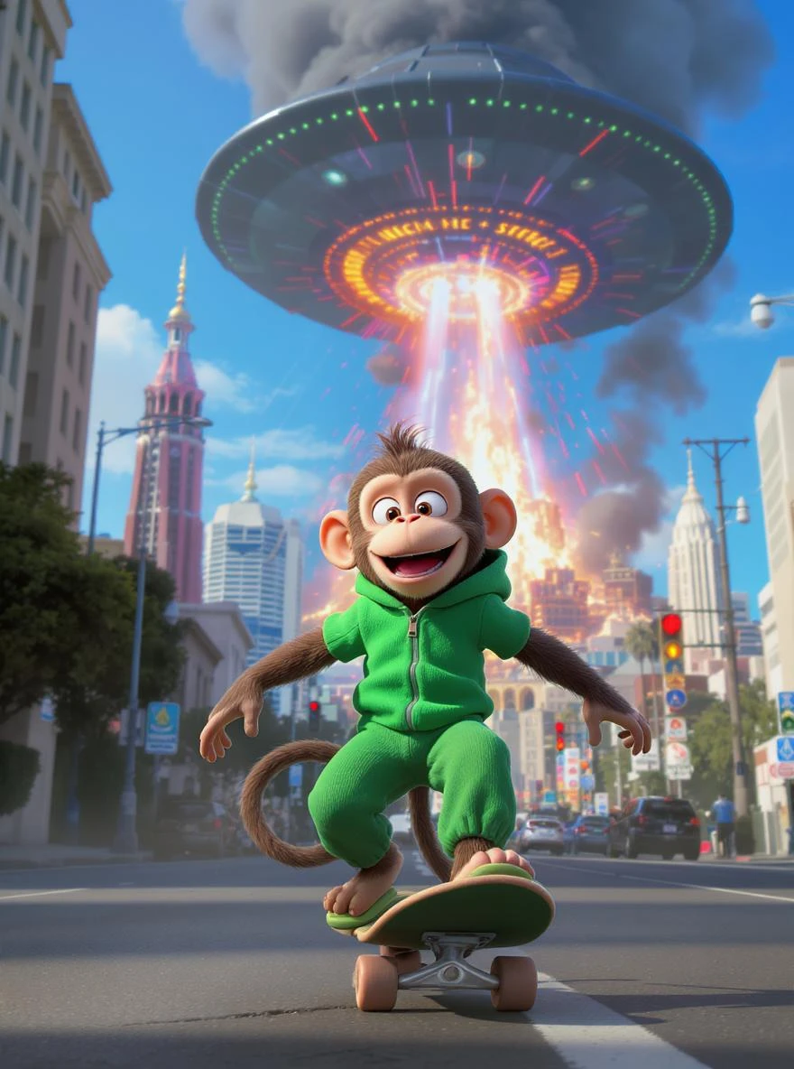 Disney style Cinematic still scane, Low angle shot, Deep staging, monkey dress in green outfit, monkey ride on skateboard, san francisno downtown with city lanscape, ufo destroying city in background, blue clean sky, shot by ARRI Alexa, soft cinematic lightning, back light, inspired by ToyStory 4 emoji