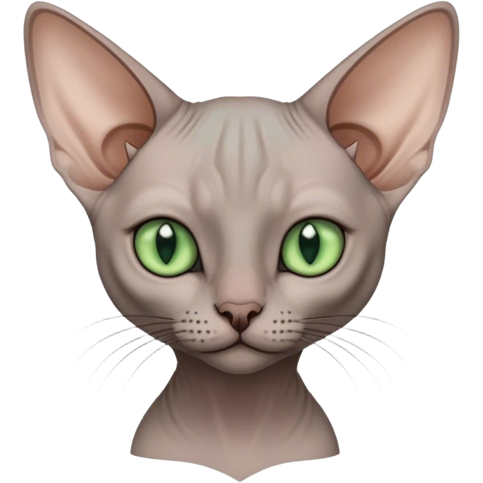 Grey, pixie sphinx cat with green eyes emoji