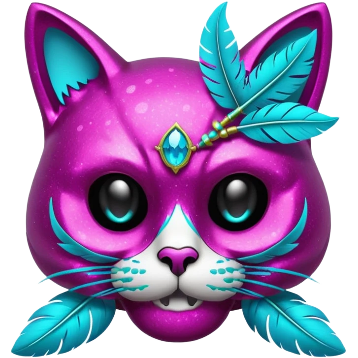 Glittery magenta cat-skull with cyan feathers emoji