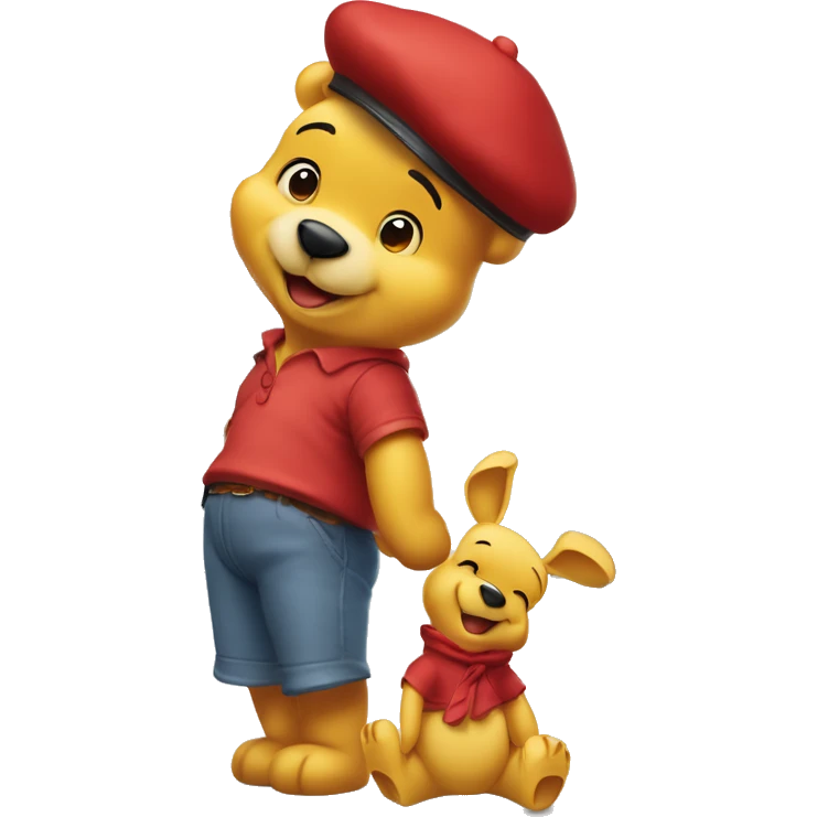 white winnie the pooh, parisien style with red beret on hair and baguette 🥖  on arms, in front of eiffel tower emoji