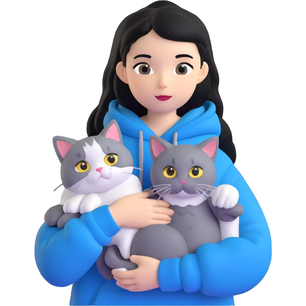 Girl with black hair in gray hoodie with a British shorthair blue and white cat and a long-haired blue and white cat emoji