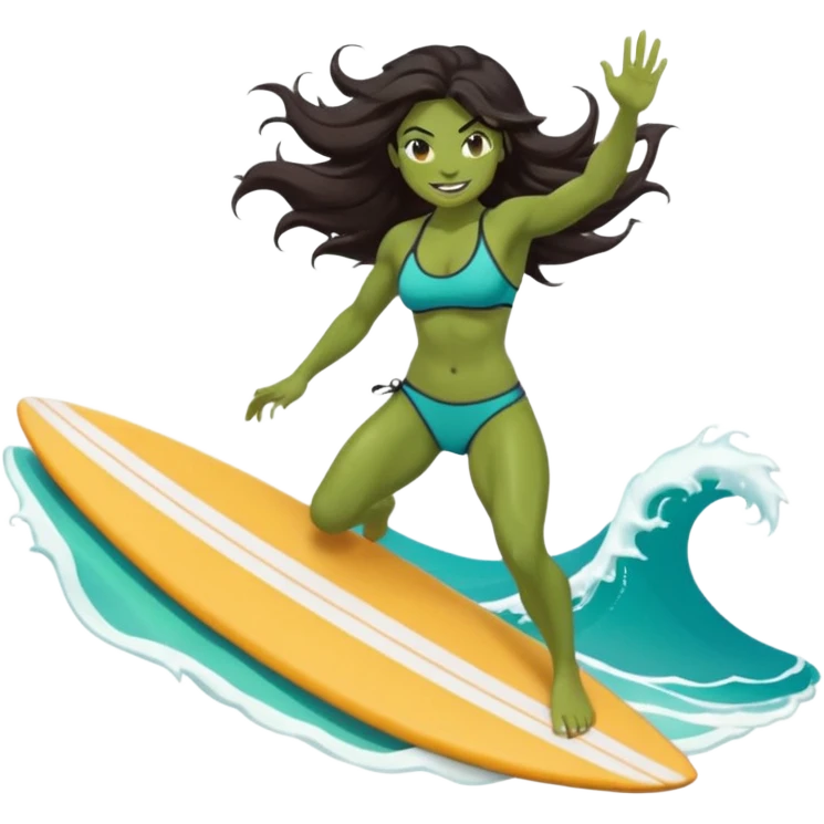 ork female surfer riding big turquoise wave, muscular green body, fierce tusked grin, sporty bikini top and board shorts, long windswept dark hair, focused eyes, surfboard under feet, minimal ocean and sky background, centered emoji, vibrant summer colors, sticker style emoji