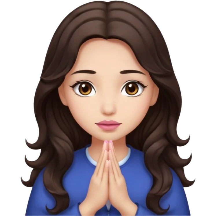 girl with wavy long glamorous dark brown hair, brown eyes, light to medium complexion, long lashes, light pink lipstick, praying emoji