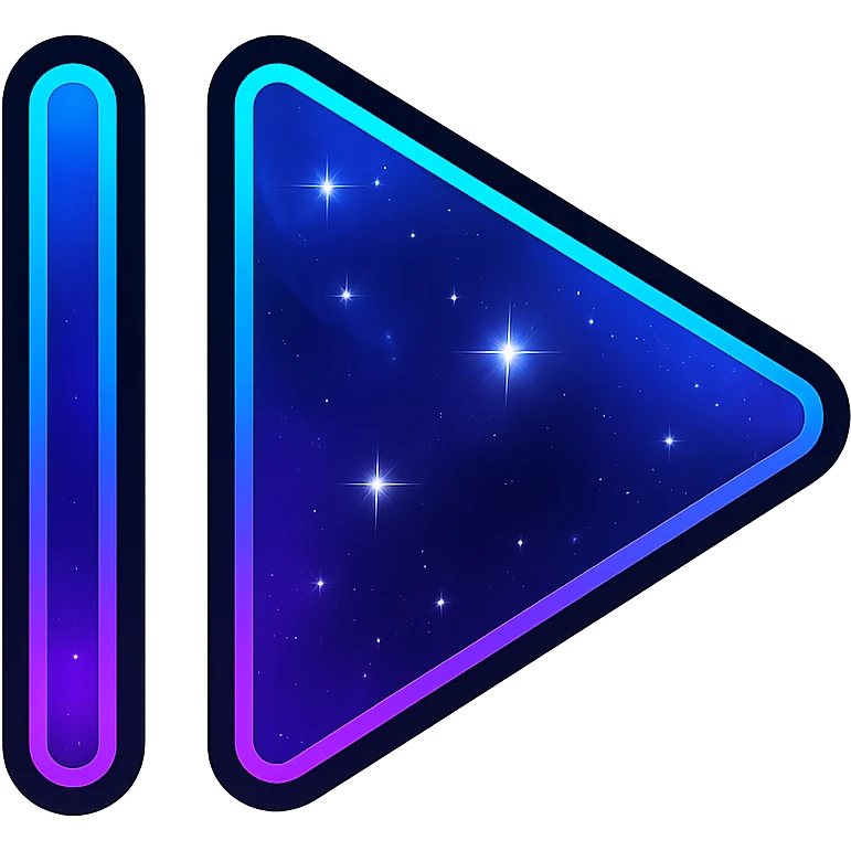 previous song icon, modern clean double triangle and line reversed with neon border and glowing effect, dark purples blues blacks base, nebula gradients, small bright stars, specular highlights, luminous look emoji