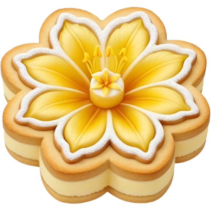 Realistic shortbread cookie in the shape of a lily flower with pastel yellow color jelly middle filling and sprinkled powder sugar on top. emoji