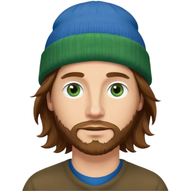 white man
aged 40
Blue eyes, 
mid length brown wavy hair
Green beanie hat emoji