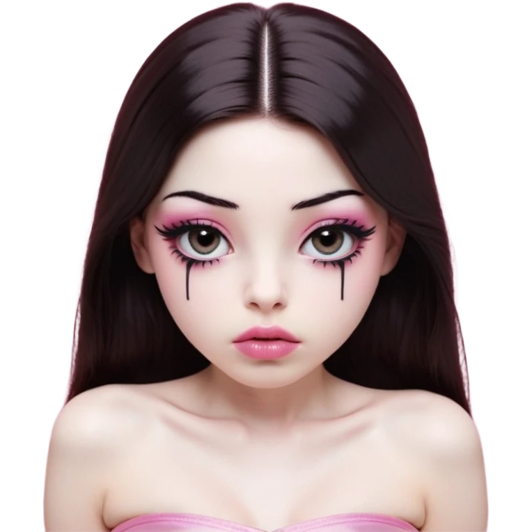 girl with white skin, dark brown long straight hair falling in front of her body, very big pouty extra shiny lips with absolutely no cupid's bow, shiny large eyes with black eyeballs and long eyelashes, lighter button nose, very long oval-shaped face, wearing a pink bandeau top with straight neckline, looking directly at camera with hands down at sides emoji