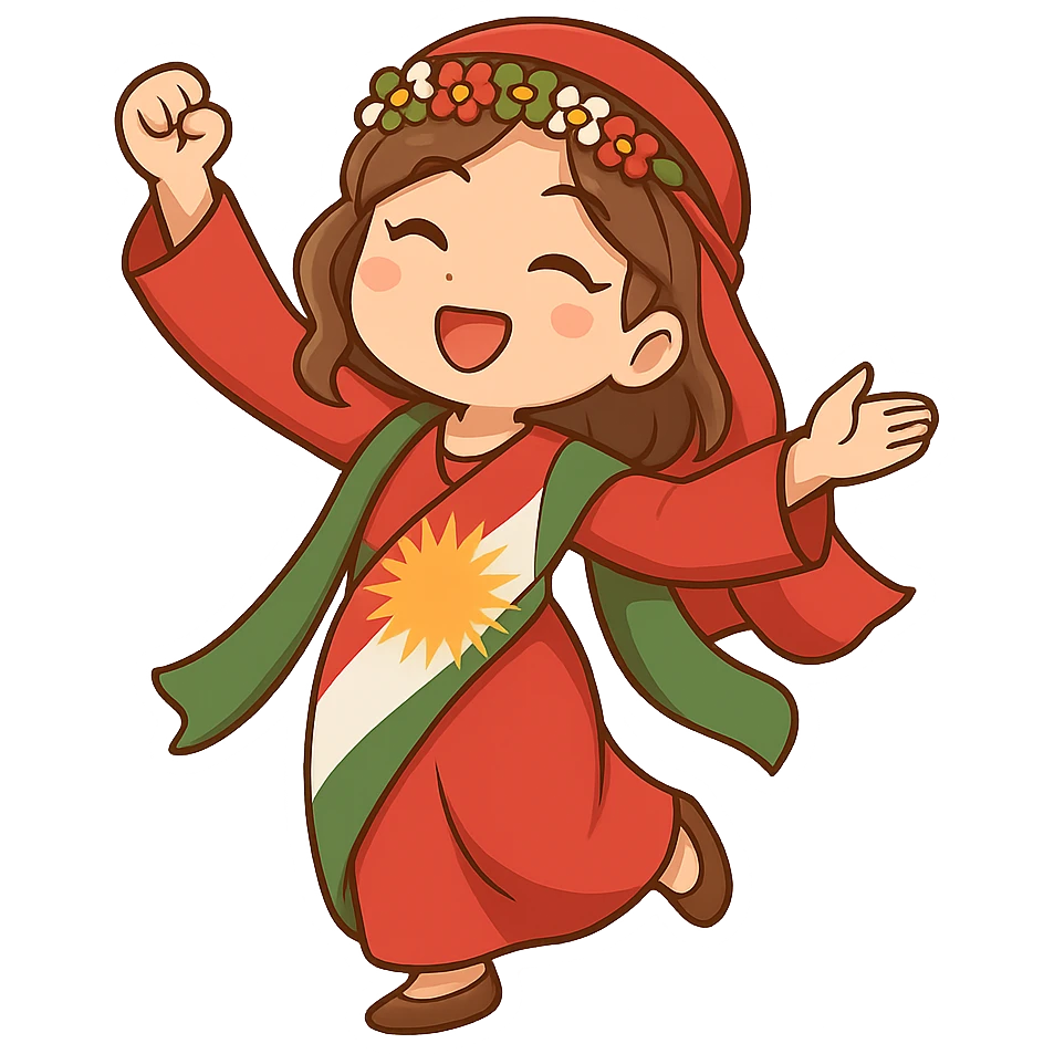 Create a colorful and cheerful Kurdish cartoon sticker in chibi style. Show the traditional Kurdish clothing and a dancing pose. The background should be transparent. Suitable for WhatsApp and Instagram. emoji