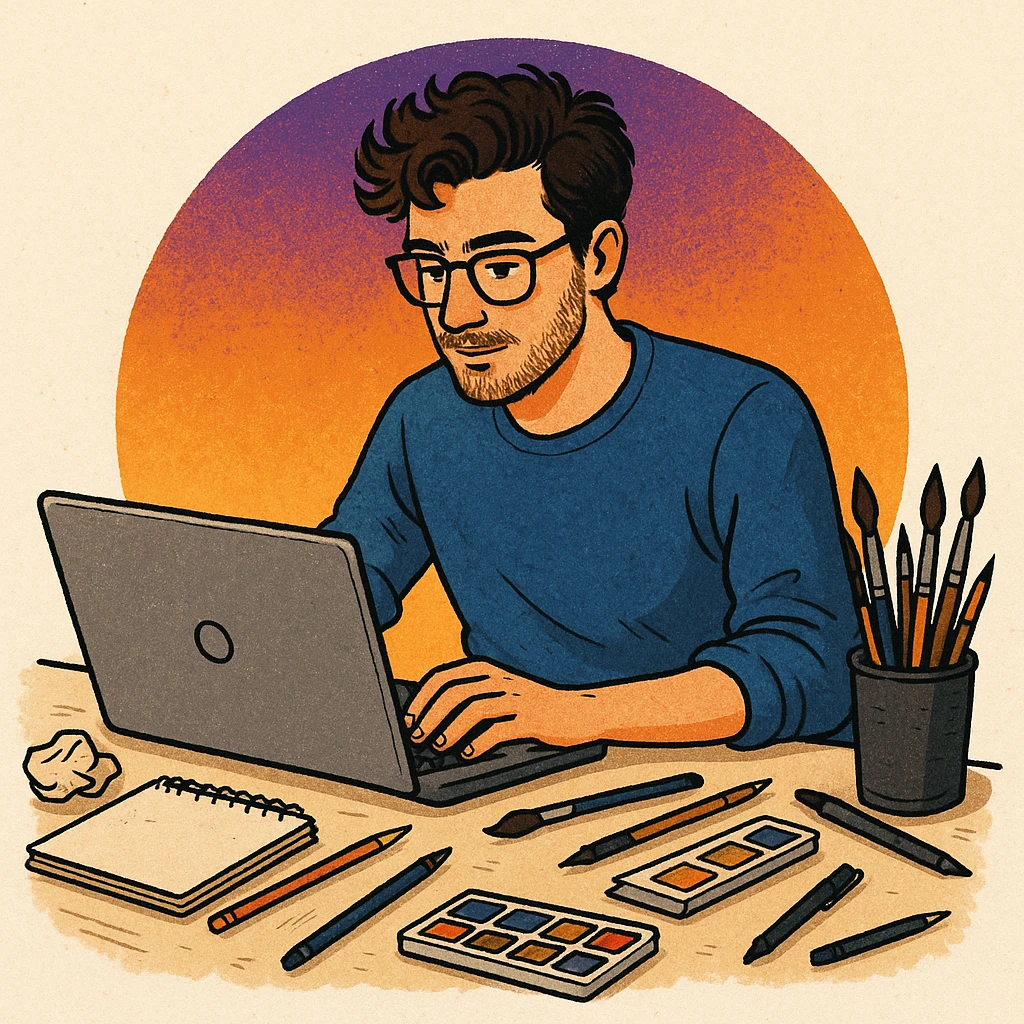 A creative man working on a laptop, art supplies scattered around, with an orange and purple circle gradient behind him. emoji