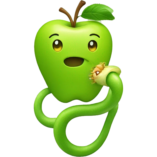 Green cheerful apple with yellow worm emoji
