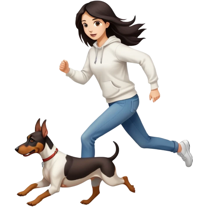 A beautiful girl with long hair wearing a white sweatshirt and jeans is running with a Doberman emoji