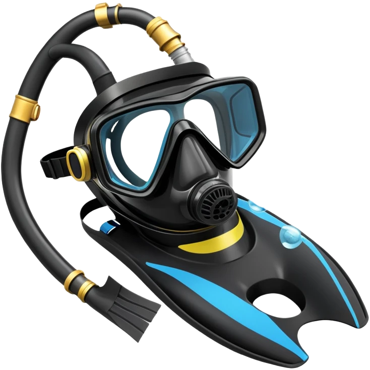 An icon featuring a close-up of a scuba mask, snorkel, and diving fins, with bubbles rising from the gear. The design includes a wetsuit and underwater light rays filtering through the water. Transparent background highlights the essence of diving and underwater exploration. emoji