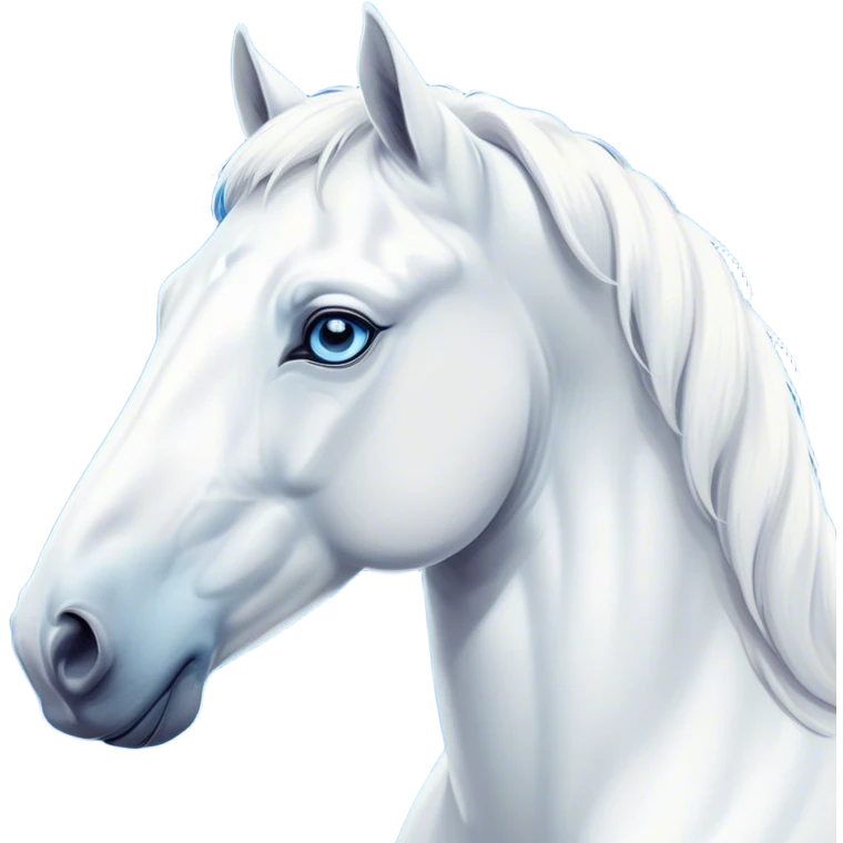 Cinematic Noble White Horse Portrait Emoji, Poised and regal, with a strong, athletic build and a pristine, well-groomed pure white fur, deep-set soulful blue eyes, Simplified yet sharp and sophisticated features, highly detailed, glowing with a soft, dignified glow, high shine, intelligent and majestic, stylized with an air of ethereal grace, focused and attentive, soft glowing outline, capturing the essence of a watchful and confident steed, so majestic it feels as though it could gallop out of the screen with effortless authority! emoji