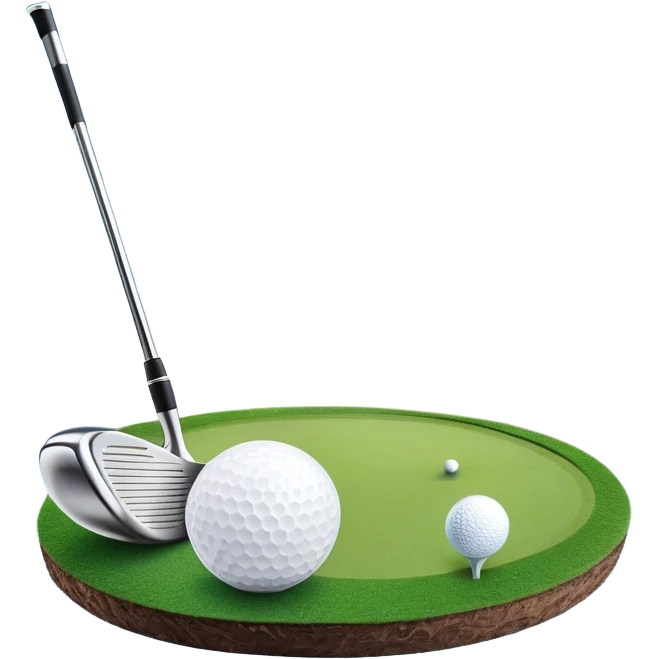 A golf ball on a tee, with a golf club placed beside it on the lush green fairway. The background shows a serene golf course with neatly trimmed grass and a clear blue sky, emphasizing the elegance and precision of the game. emoji