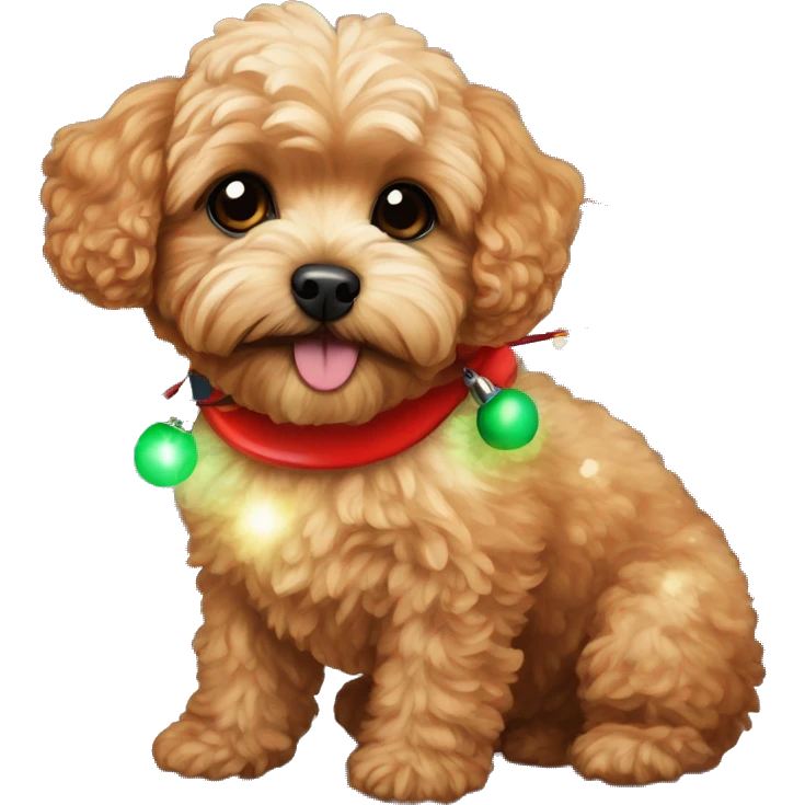 Red maltipoo with Christmas lights decorated around its neck emoji