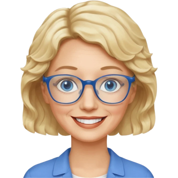 woman 60 very short weavy blonde haire, rectangle glases, blue eyes emoji