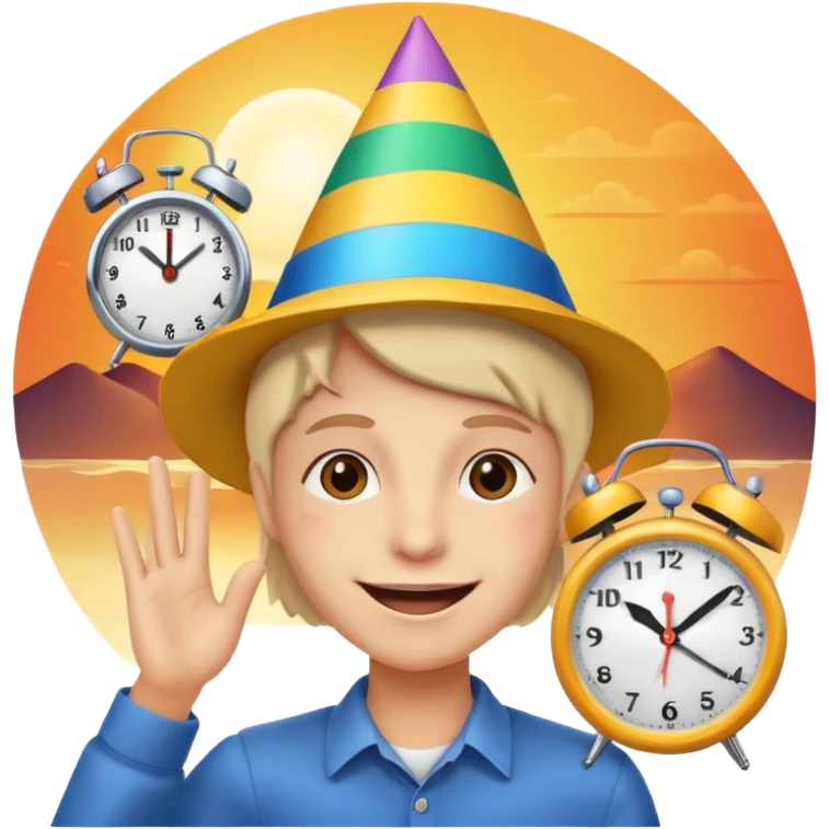 party face, alarm clock, sunset emoji
