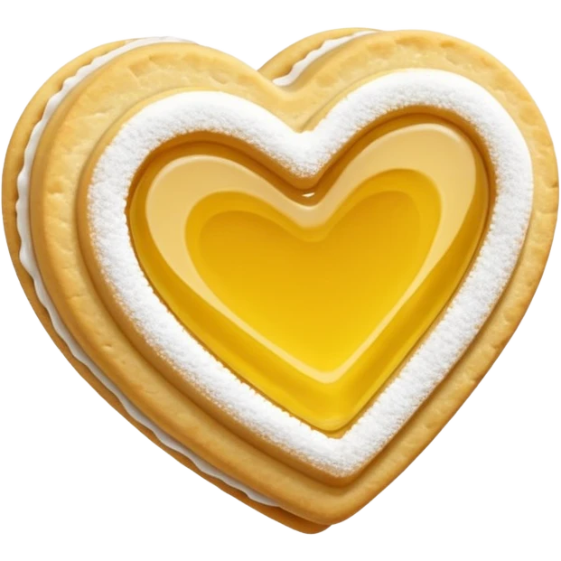 Realistic shortbread cookie in the shape of a heart with color of lemon jelly middle filling and sprinkled powder sugar on top. emoji