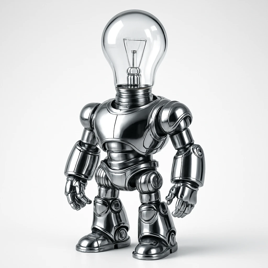 a robot with a lightbulb head, chrome style emoji
