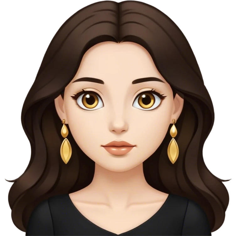 Beautiful woman,cute, long dark brown hair in dark dress with gold earrings emoji