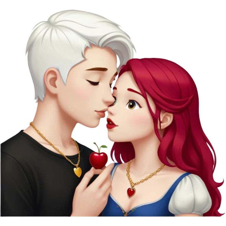20 year old couple, boy with SHORT SNOW WHITE HAIR (completely WHITE), dark shirt, girl with long cherry red hair, light clothes, gold necklace, kissing emoji