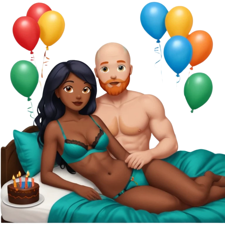 Muscular Bald white male has a orange beard, blue eyes kissing voluptuous African American dark brown woman wearing long black hair and dark green lingerie

Laying in bed with chocolate birthday cake and balloons  emoji