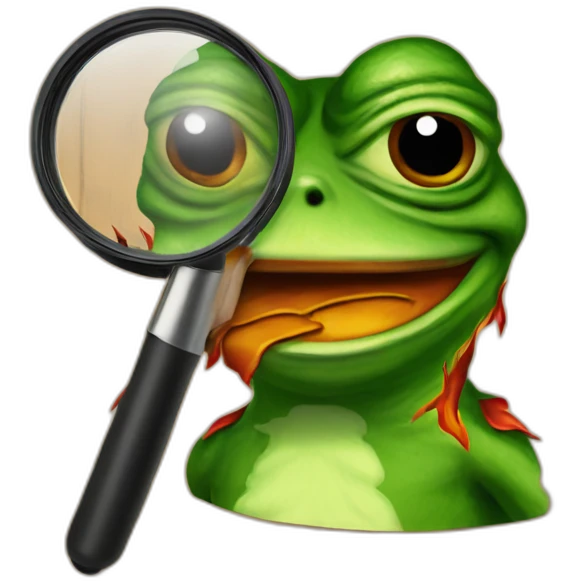 pepe the frog with flames on wood with a magnifier emoji