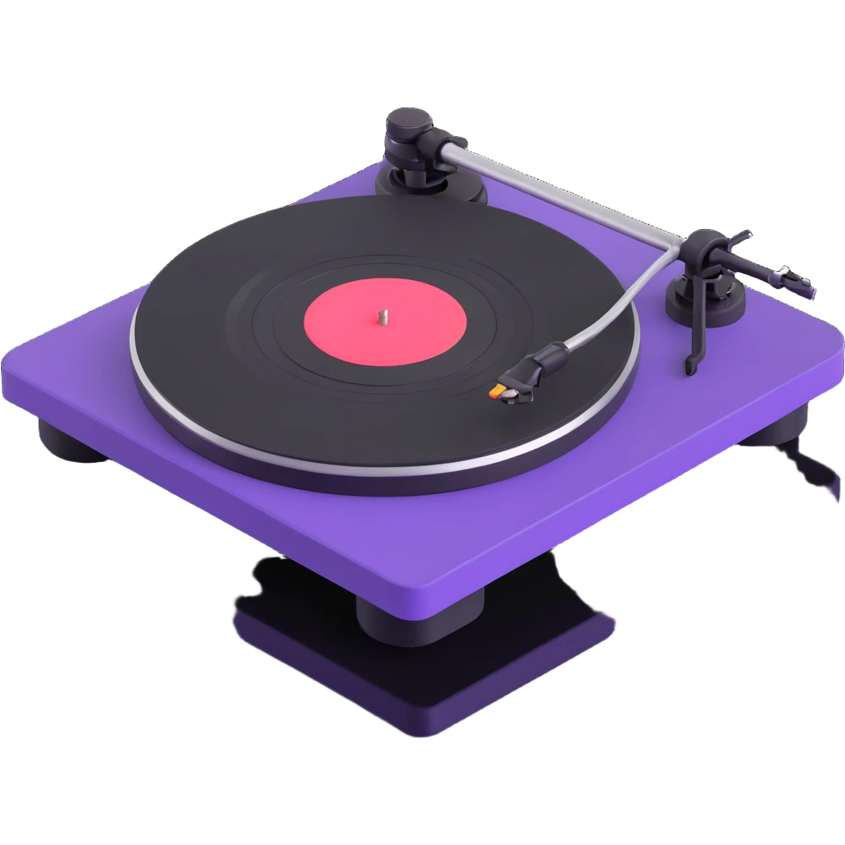 Technics-style turntable in 3D, Disney Pixar animation style, playful rounded features, vibrant colors, black and purple as main colors emoji
