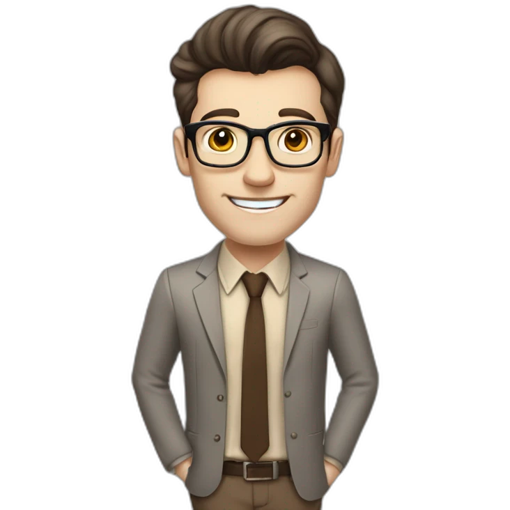 Pale skinned fit man with dark brown hair in gray jacket, beige office shirt, brown tie, brown pants and vintage glasses Writing on the flipchart emoji